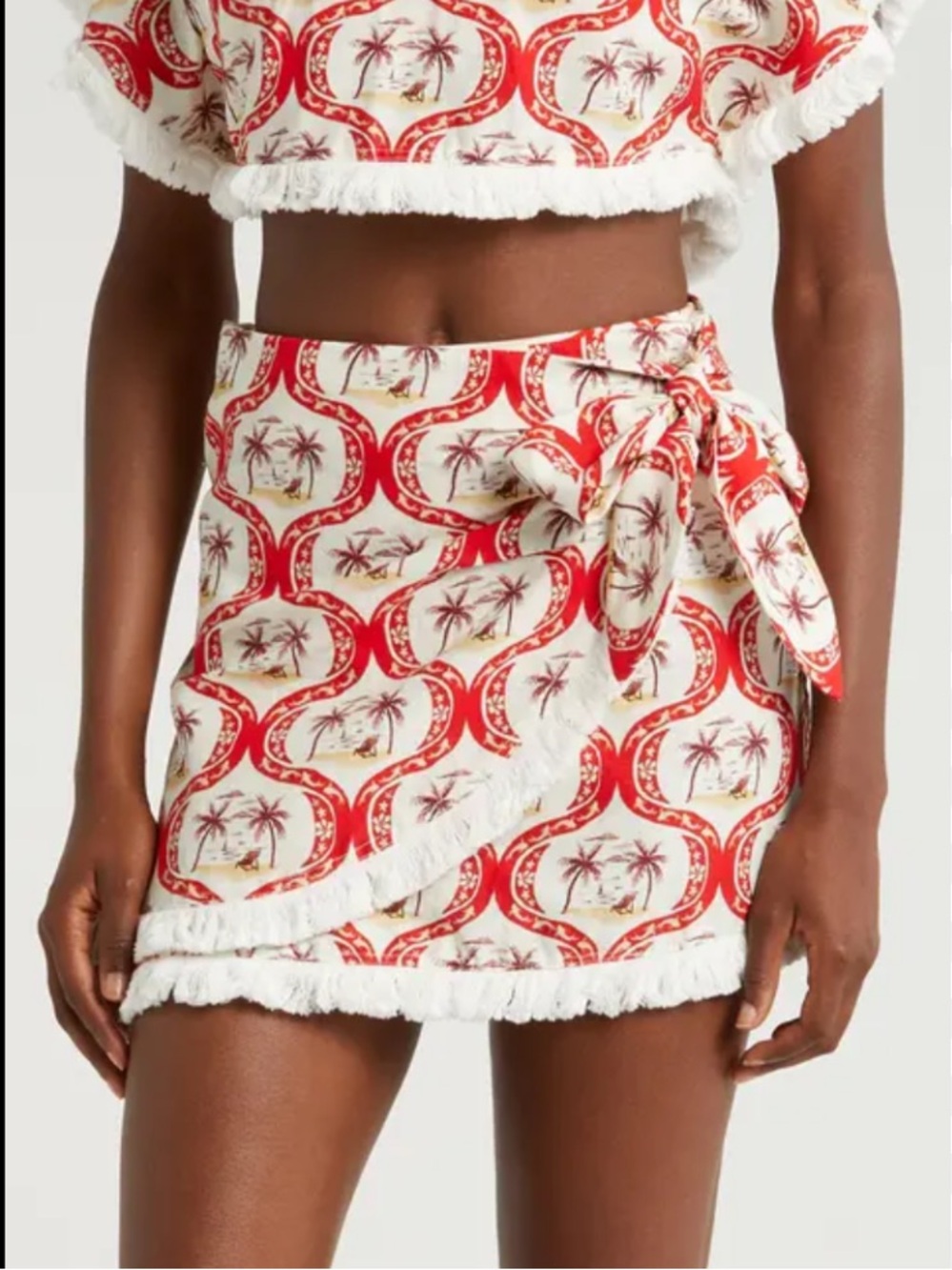 Farm Rio Tropical Palm Print Fringe Wrap Mini Skirt Coverup Large